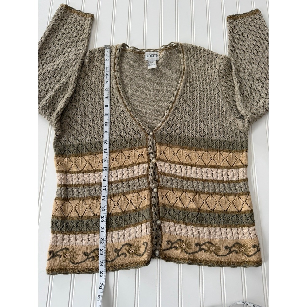 Vintage Koret Cardigan Sweater Women's Medium Earth Tone Open Knit Crochet Style - Picture 6 of 8